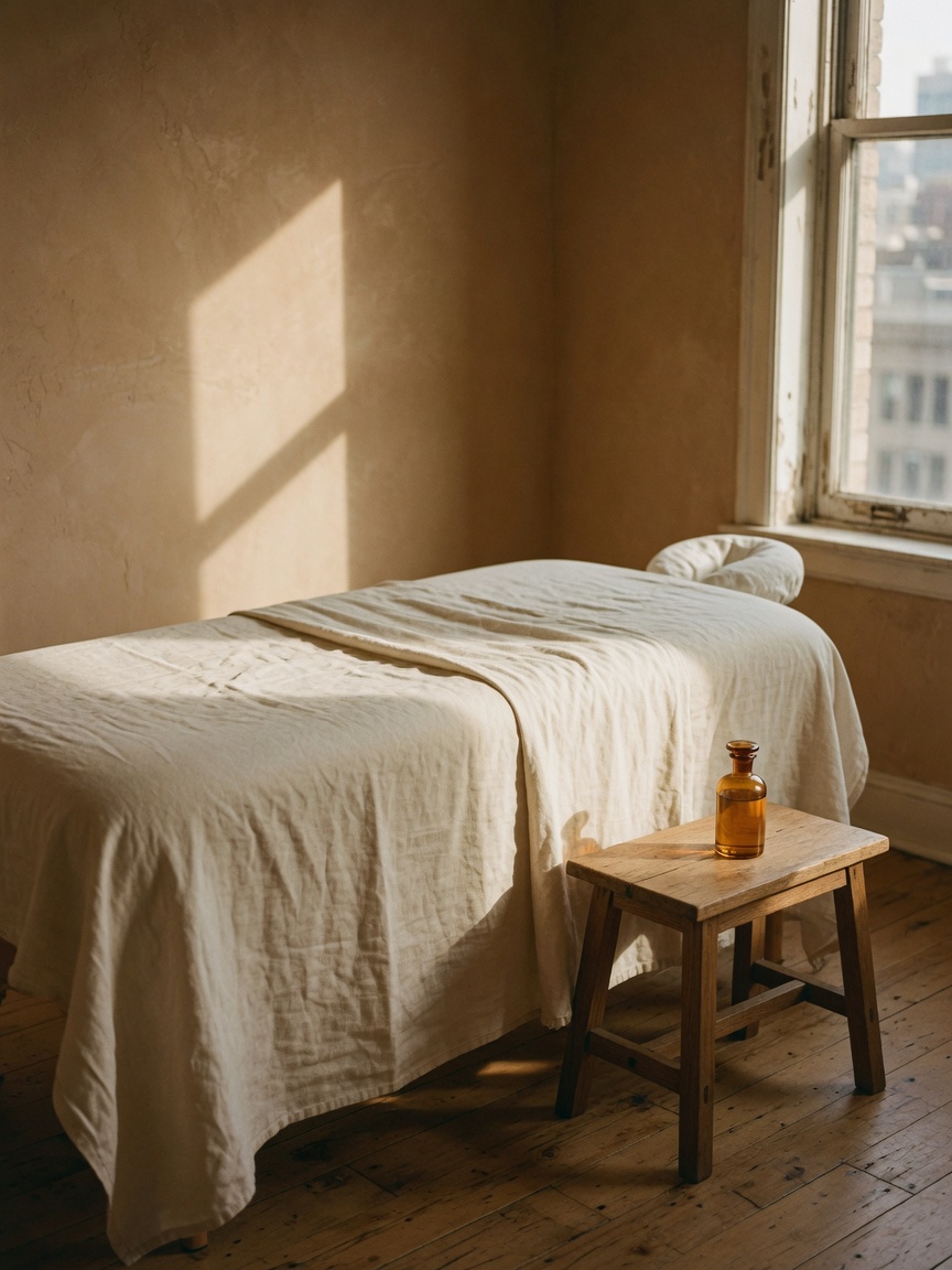 An ivory-dressed massage table in warm window light, amber oil on a wooden stool.