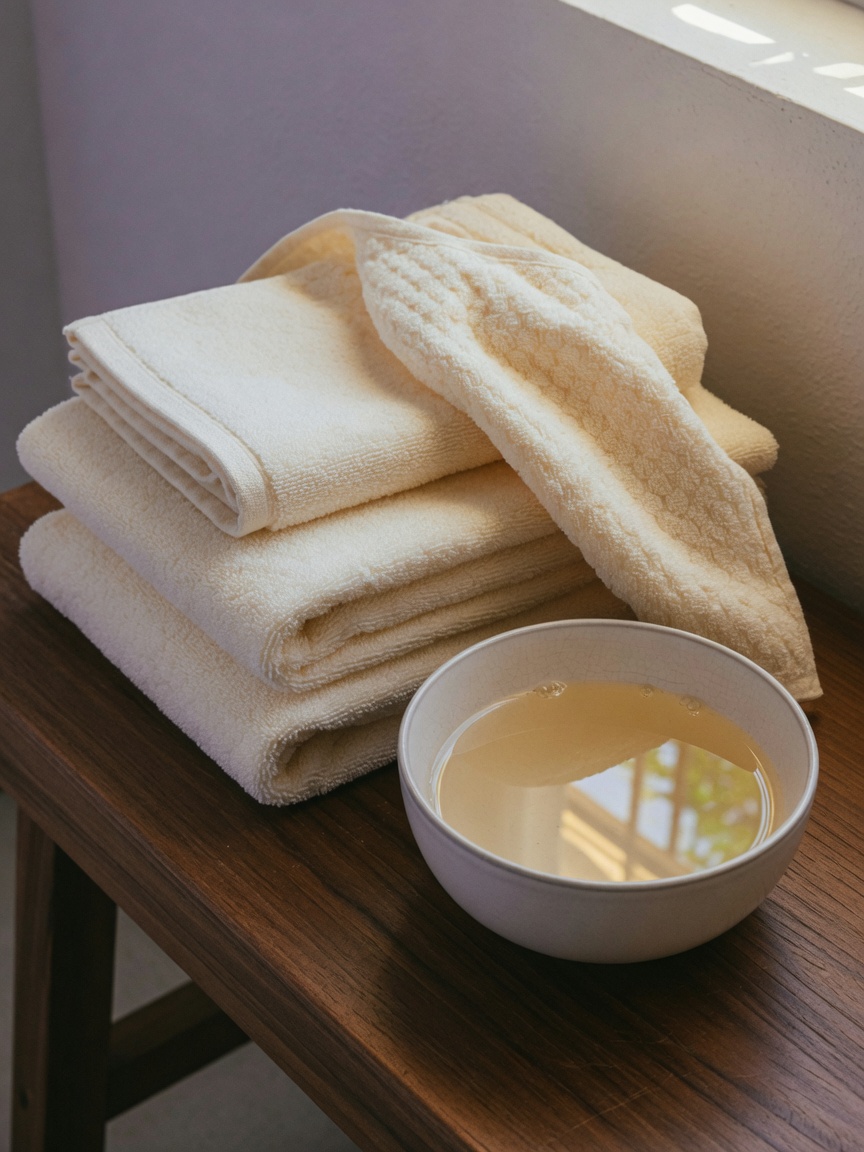 Ivory spa towels and a ceramic bowl of water on walnut.